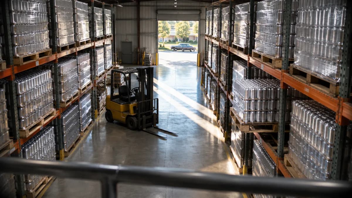 Beverage distribution warehouse aisle: shrink-wrapped pallets of unmarked canned drinks stacked high, forklift idle, harsh overhead lighting, no workers in frame.