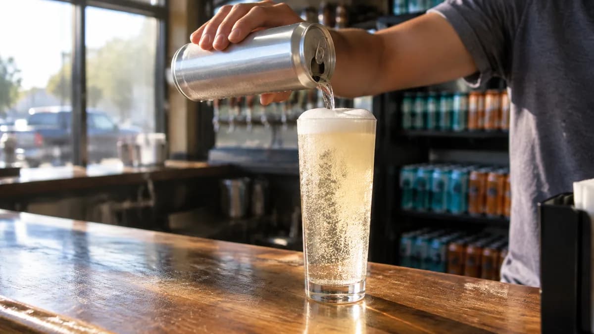 Tight shot of a plain unbranded slim seltzer can being poured into a tall glass, carbonation fizzing, on a bar top in soft daylight.