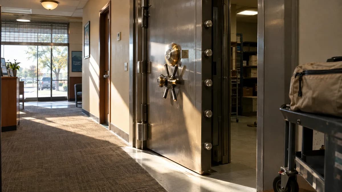 Heavy steel bank vault door standing half open in a quiet credit-union back room, polished bolts and dial, warm overhead light, no signage.