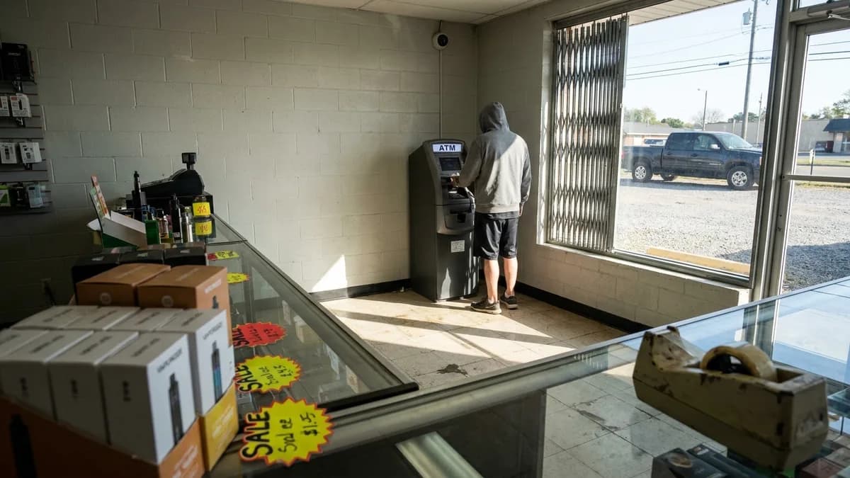 A freestanding ATM tucked in the corner of a dim shop interior, a customer's hand pulling cash from the slot, security camera above, no visible branding.