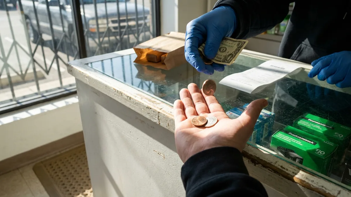Open leather wallet on a kitchen table with a few folded bills fanned beside a single plastic card, small paper shopping bag with two items in background, soft window light.