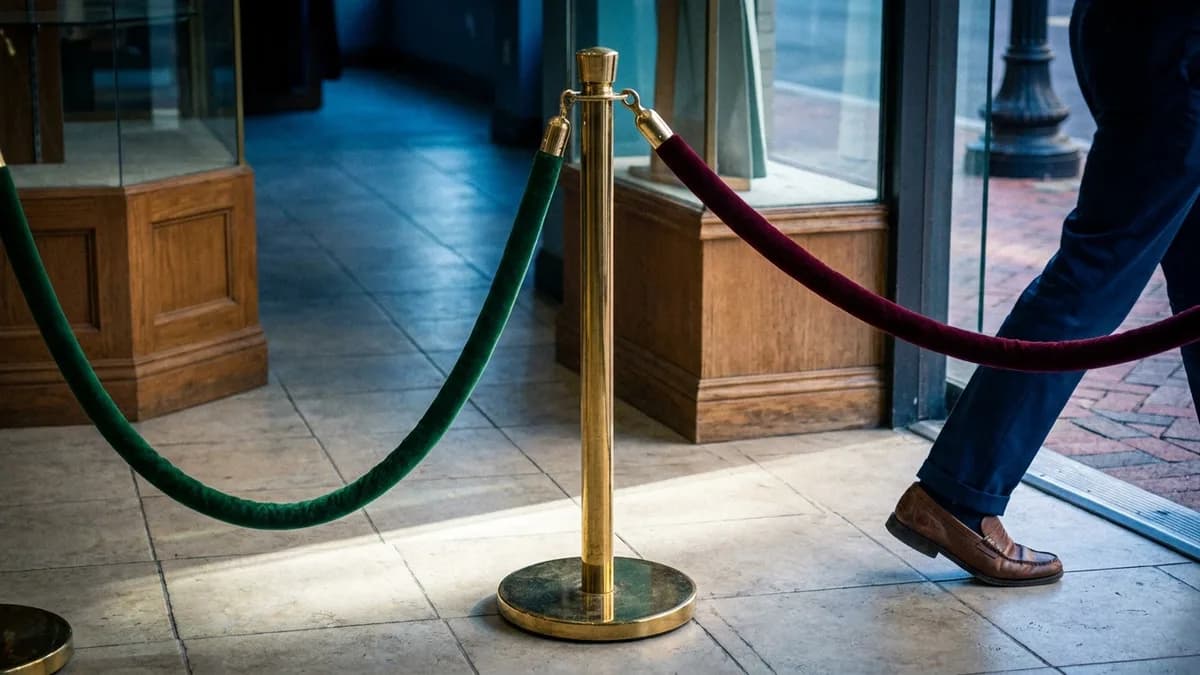 Dual-license dispensary interior with two side-by-side checkout lanes divided by different colored rope stanchions, one lane empty, one with a customer, unmarked shelving behind.