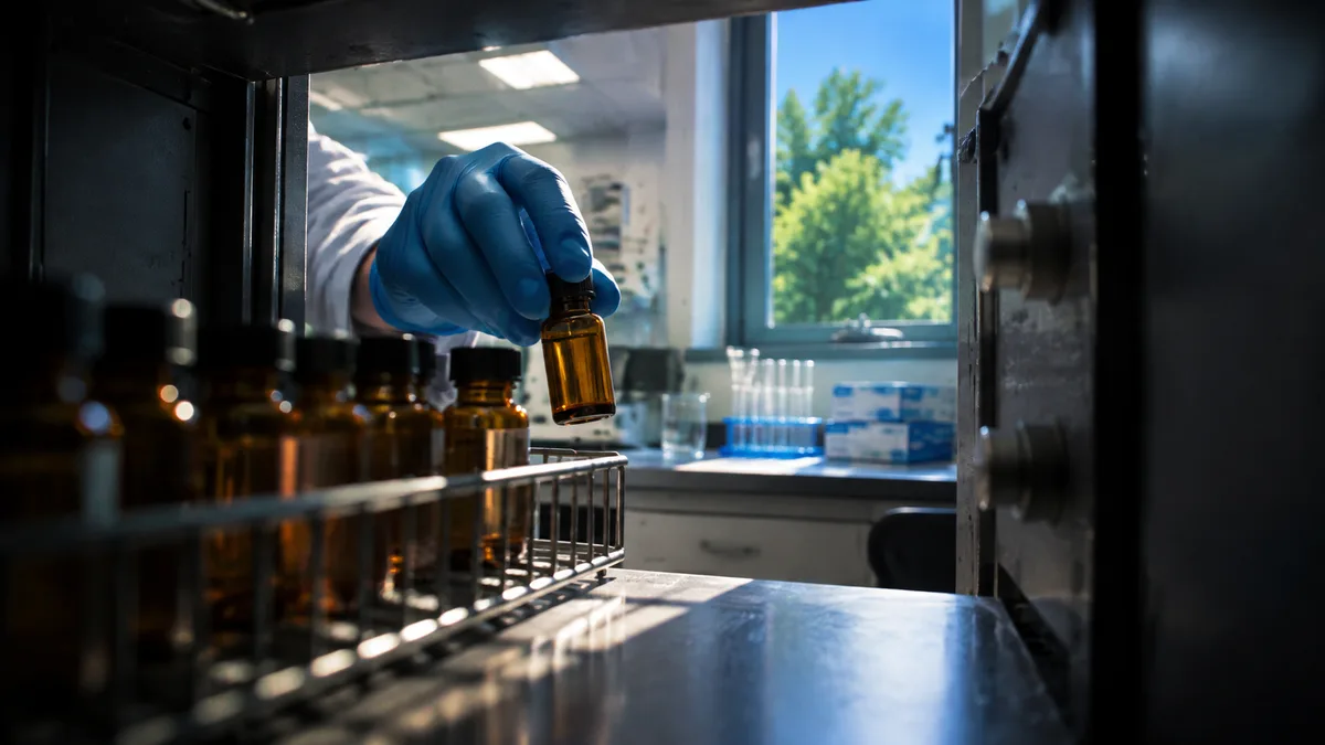 Gloved researcher's hand retrieving an unlabeled amber sample vial from an open steel controlled-substance safe inside a university lab, cool fluorescent light.