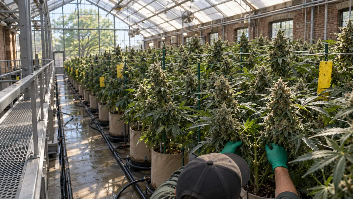Interior of a state-licensed medical cannabis greenhouse: rows of flowering plants in fabric pots under diffused glass-roof light, a worker in gloves inspecting a cola, no signage.