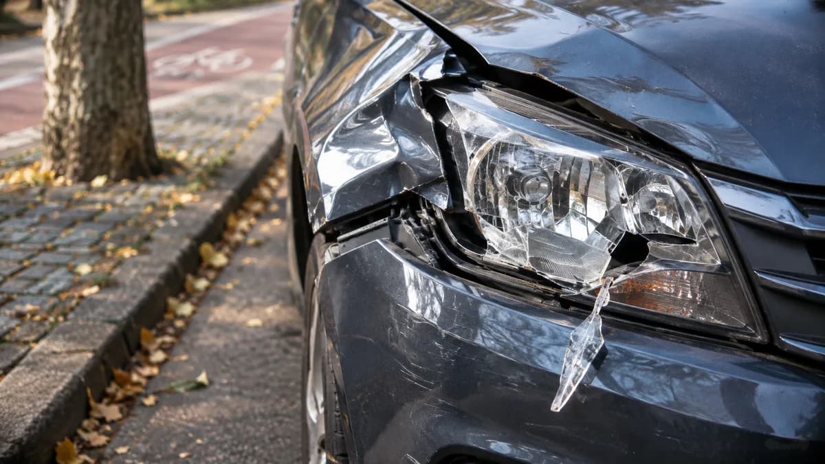 Nahaufnahme eines verbeulten vorderen Kotflügels und eines gerissenen Scheinwerfers an einem geparkten Kleinwagen nach einem leichten Zusammenstoß, Plastiksplitter liegen auf dem Asphalt, bedecktes Tageslicht, keine Kennzeichen oder Personen sichtbar.