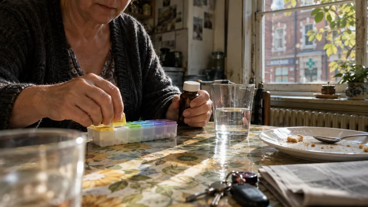 Nächtliche Verkehrskontrolle der Polizei auf einer deutschen Landstraße, blaues Blaulicht spiegelt sich auf nassem Asphalt, der Lichtkegel der Taschenlampe eines Beamten ist in das offene Fenster eines angehaltenen Autos gerichtet, Gesichter sind nicht zu erkennen.