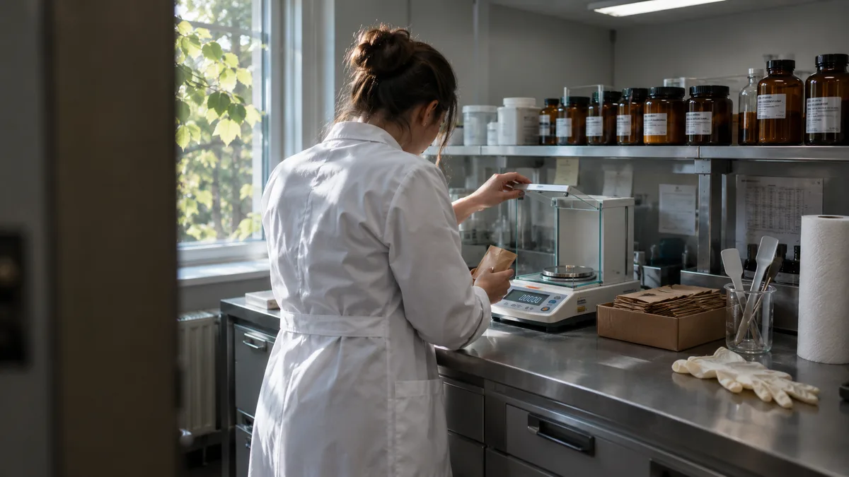 Nahaufnahme im Hinterraum einer Apotheke: Hände in Handschuhen legen eine kleine Portion getrockneter Cannabisblüten auf eine Präzisionswaage, daneben aufgereihte kleine braune Papiertütchen für Einzeldosen, warmes Licht am Arbeitstisch, keine lesbare Anzeige.