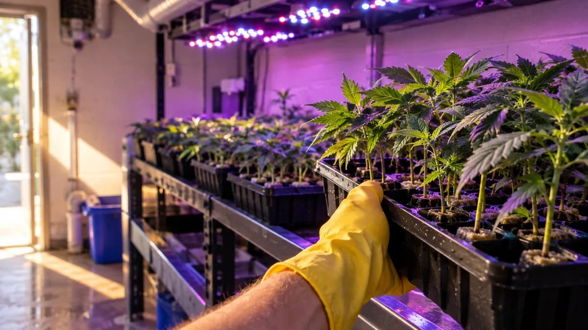 Reihen junger Cannabis-Stecklinge in schwarzen Anzuchtschalen ohne Nummerierung unter violett-weißem Pflanzenlicht in einem kompakten Anbauraum eines Clubs, eine Hand hebt eine Schale zum Zählen an.