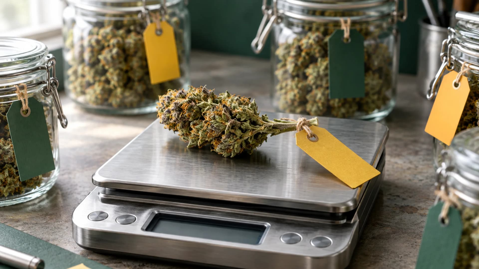 Eine getrocknete Cannabisblüte mit einem leeren, farblich codierten Papieretikett liegt auf einer Präzisionswaage aus Edelstahl, umgeben von Glasgefäßen zum Aushärten mit farbigen Etiketten auf einer Werkbank aus Beton bei weichem Tageslicht. (VapeExperts/AI)