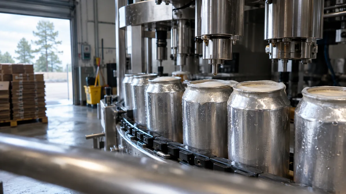Small-batch canning line: unlabeled aluminum cans moving under a filler head in a beverage co-packing facility, wet cans catching overhead light, no legible text.