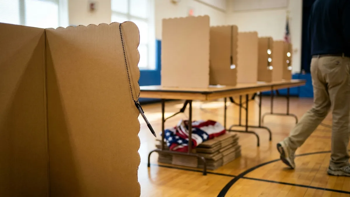 Empty row of cardboard voting privacy booths in a school gymnasium polling place, fluorescent light, folded American flag bunting, no readable signage.