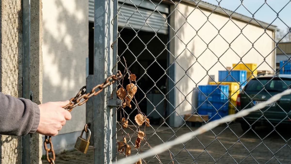 Nahaufnahme eines schweren Messing-Vorhängeschlosses und einer Stahlstange, die einen grauen Metallschrank in einem schwach beleuchteten Lagerraum eines Clubs sichern, am Bildrand hängt ein Schlüsselbund von einer Hand.