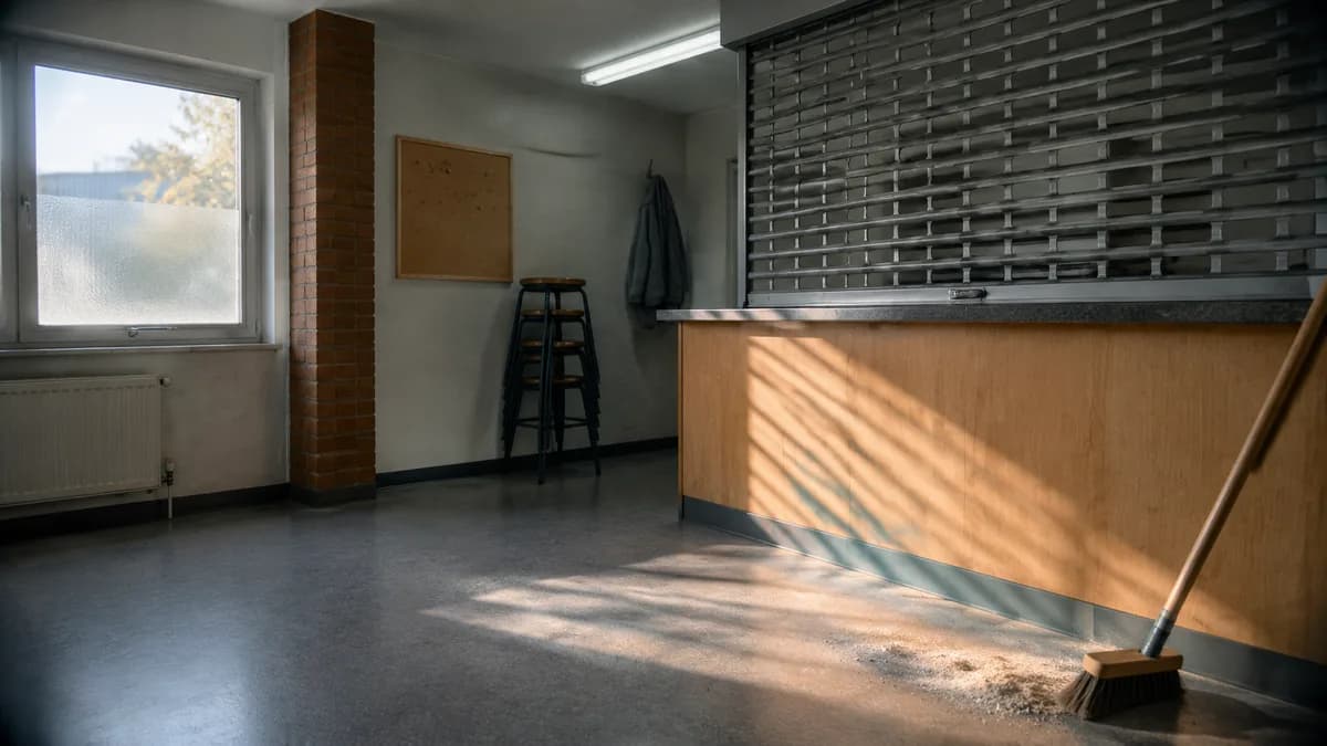Innenraum eines kleinen Abgaberaums eines Clubs nach Ladenschluss: Tresen leergeräumt und mit einem herabgelassenen Rollgitter verschlossen, Hocker gestapelt, eine einzelne Deckenlampe eingeschaltet, keine Produkte sichtbar.