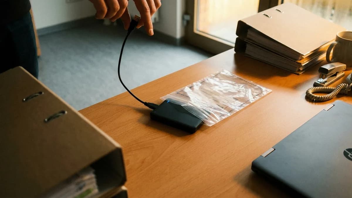 Geöffnete Hecktüren eines schlichten weißen Transporters ohne Aufschrift auf einem Schotterhof, im Inneren gestapelte versiegelte graue Transportkisten aus Kunststoff, die behandschuhte Hand eines Prüfers ruht auf einem Kistendeckel.