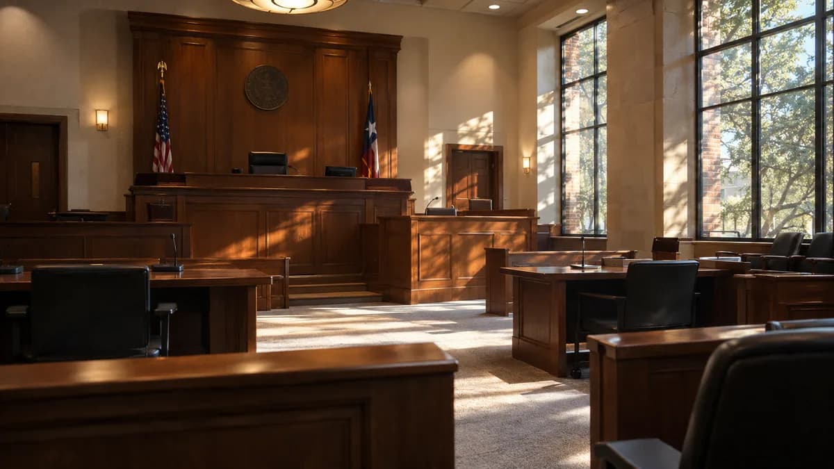 Empty federal courtroom interior: wood-paneled judge's bench, vacant witness stand and flag, side light through tall windows, no signage legible.