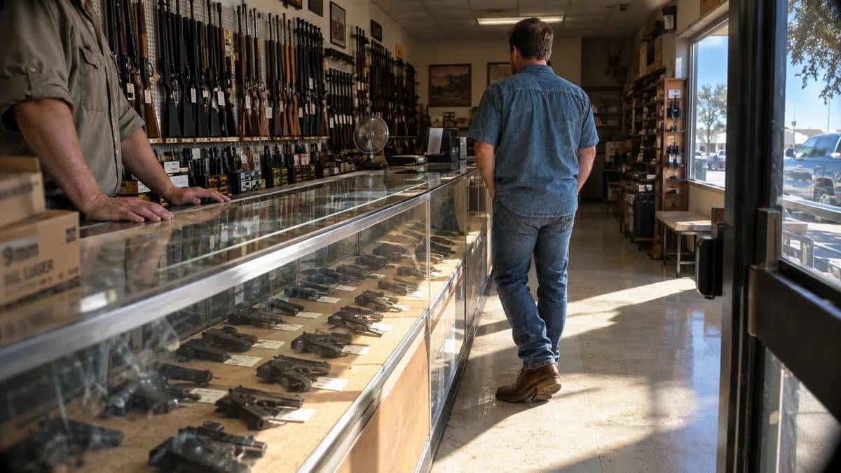 Gun shop counter from the customer side: glass display case of handguns, rifles racked on the wall behind, clerk's hands resting on the counter, faces cropped out.
