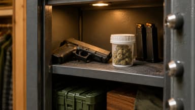 A black semiautomatic pistol rests on the shelf of an open gray steel gun safe beside a white child-resistant dispensary container of dried cannabis, with two loaded magazines lined up behind them under warm shelf light. (VapeExperts/AI)