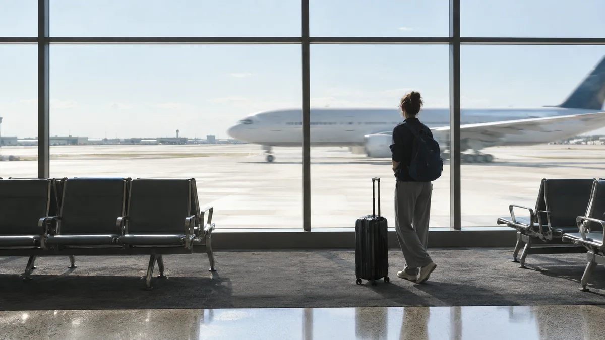 Wide-body airliner taxiing at dusk seen through a terminal gate window, silhouetted traveler with a backpack watching, no readable signage or airline livery