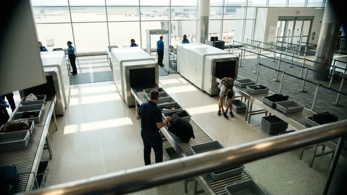 Gray screening bins on a checkpoint conveyor belt entering an X-ray tunnel, shoes and a laptop inside, blurred travelers in the background, no legible signs