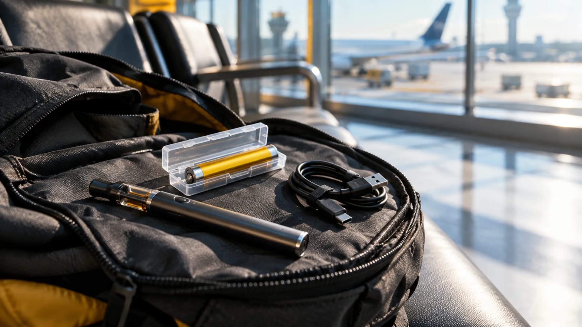 A metallic vaporizer pen, a spare battery in a clear plastic case, and a coiled charging cable rest on the open flap of a backpack on an airport departure-lounge bench, with terminal windows glowing behind. (VapeExperts/AI)