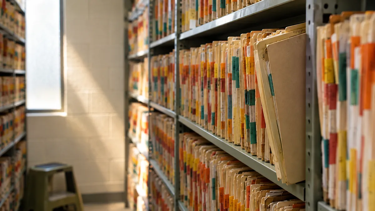 Tight crop of medical records archive: rows of color-coded folder tabs on steel shelving, tabs blurred and unreadable, one folder pulled halfway out.