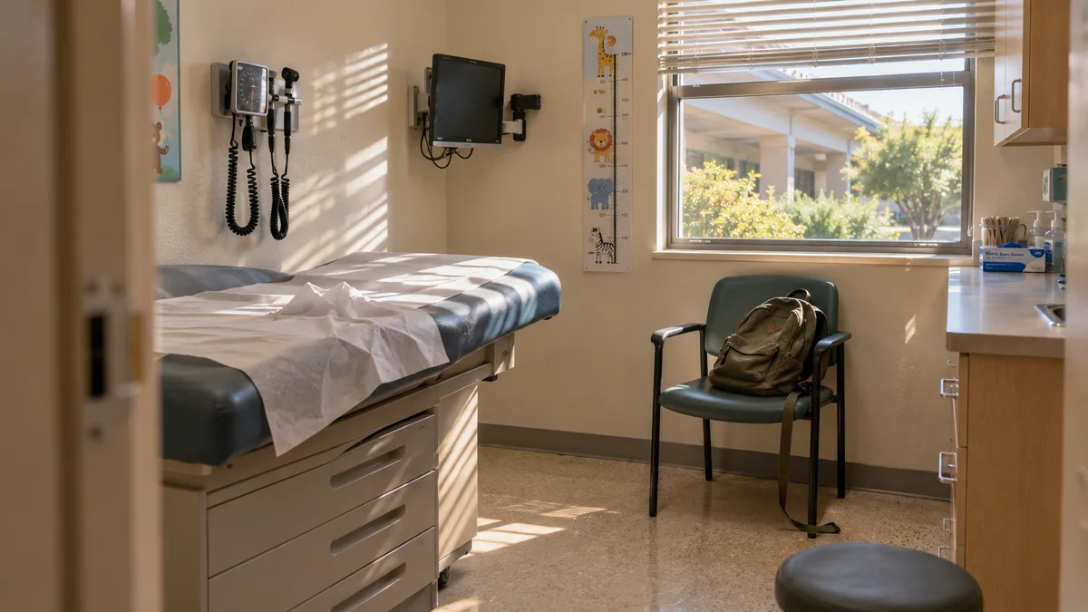 Empty pediatric exam room: paper-covered exam table, rolling stool, wall-mounted otoscope, a teenager's backpack left on the chair, computer monitor turned away from camera.