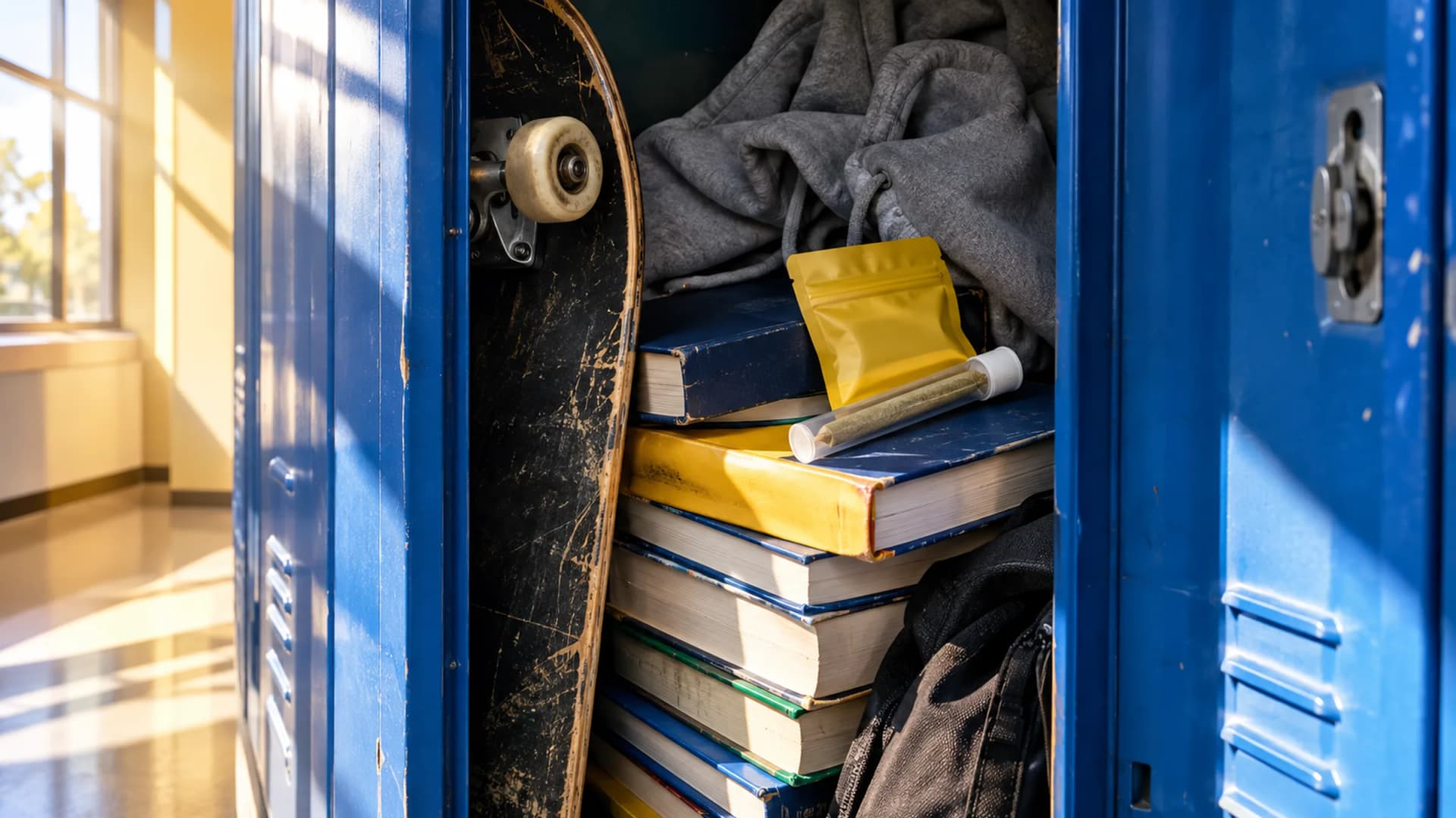 An open blue high-school locker packed with textbooks, a scuffed skateboard and a hoodie, with a sealed cannabis pre-roll tube and a small child-resistant pouch wedged among the books in hard afternoon sunlight. (VapeExperts/AI)