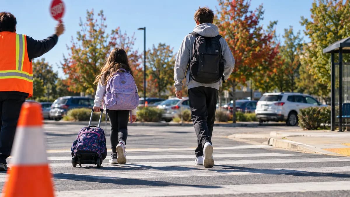 Empty high school hallway lined with metal lockers, a few backpacks hanging on open locker doors, late-afternoon light through end windows, no students.