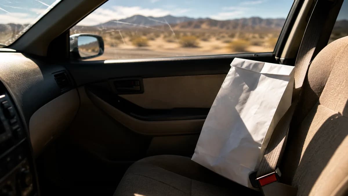 Unmarked white dispensary paper bag resting on a car passenger seat, desert highway blurred through the windshield at golden hour.