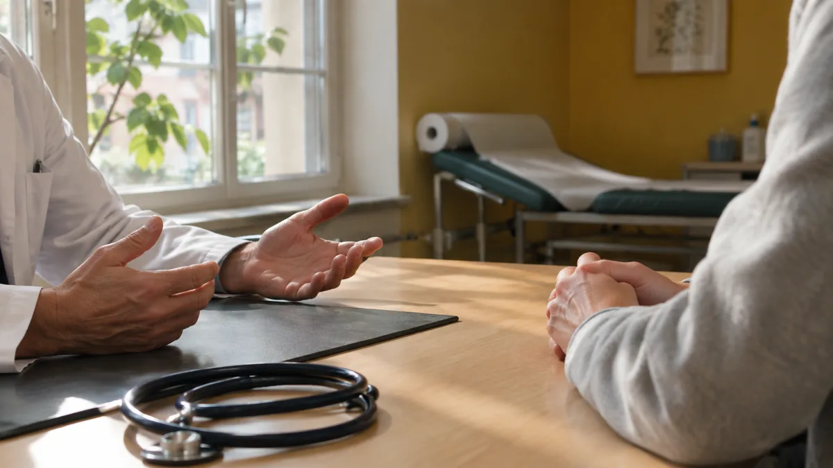 Persönliche Beratung: Arzt im weißen Kittel sitzt einem Patienten an einem Schreibtisch gegenüber, Stethoskop auf dem Tisch, gestikulierende Hände, Gesichter abgeschnitten, warme Praxiseinrichtung.