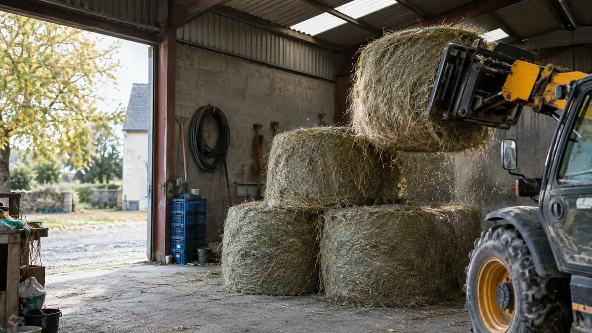 Nutzhanfernte: Ein Mähdrescher schneidet hohe grüne Hanfstängel auf einem weiten Feld unter bedecktem Himmel, Staub steigt auf, in der Ferne undeutliche landwirtschaftliche Gebäude.