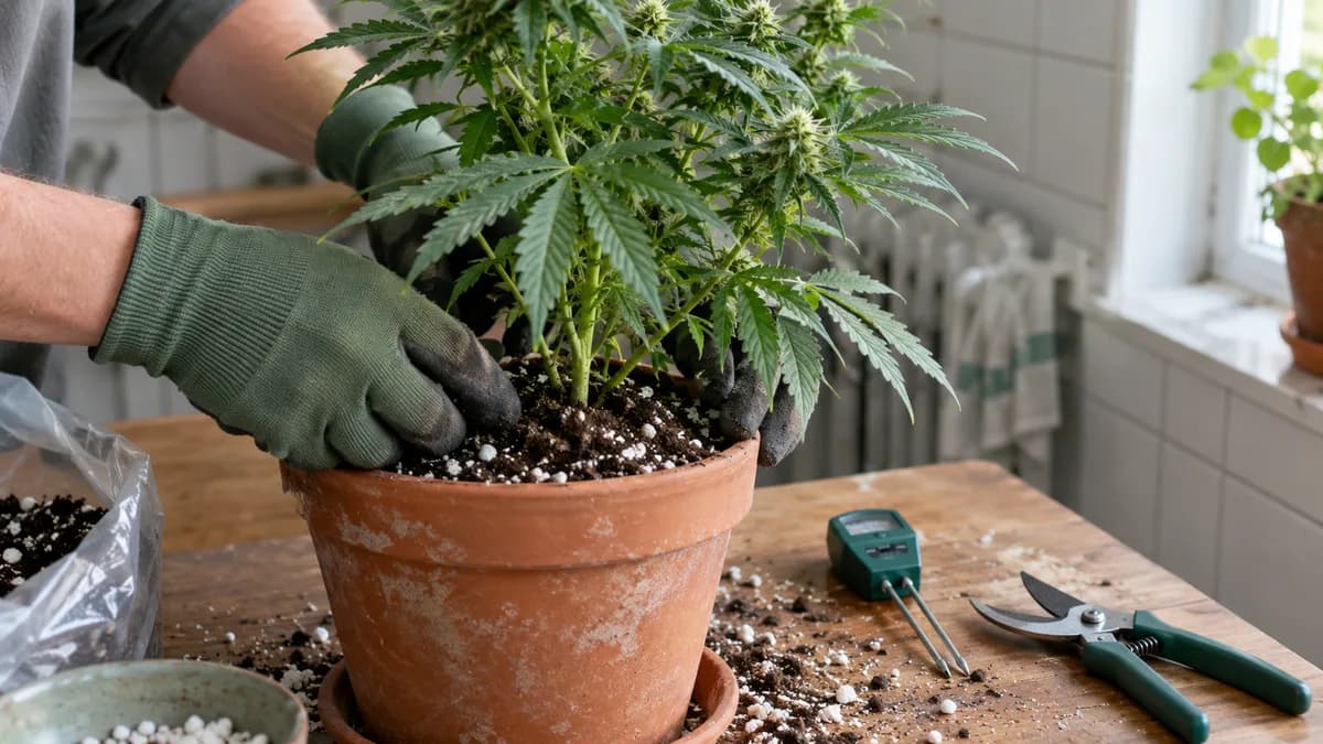 Rezepturarbeitsplatz in einer Apotheke: Behandschuhte Hände einer Apothekerin oder eines Apothekers ziehen Cannabisextrakt aus einer braunen Flasche in eine orale Dosierspritze auf, daneben unbeschriftete Fläschchen auf einer sauberen weißen Laborfläche.