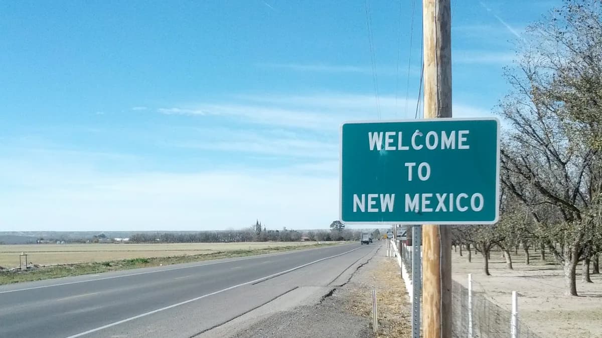 A green Welcome to New Mexico sign beside a two-lane highway with a pecan orchard on the right and open fields under a blue sky. | Anjbe/Wikimedia Commons (Public domain)