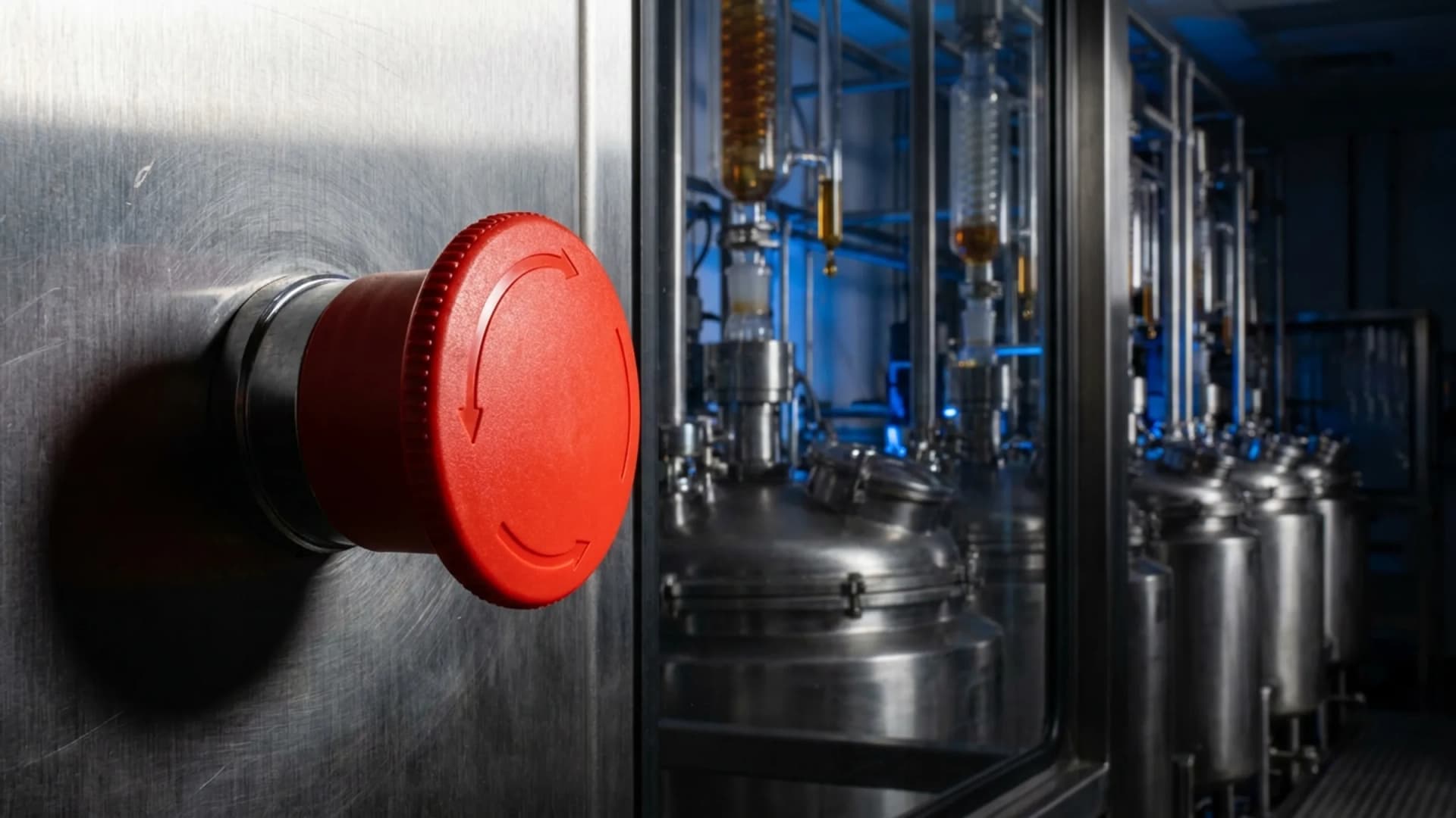 A red emergency-stop button pressed into a steel control panel in front of an idle processing floor of stainless vessels and glass extraction columns dripping amber oil. (VapeExperts/AI)