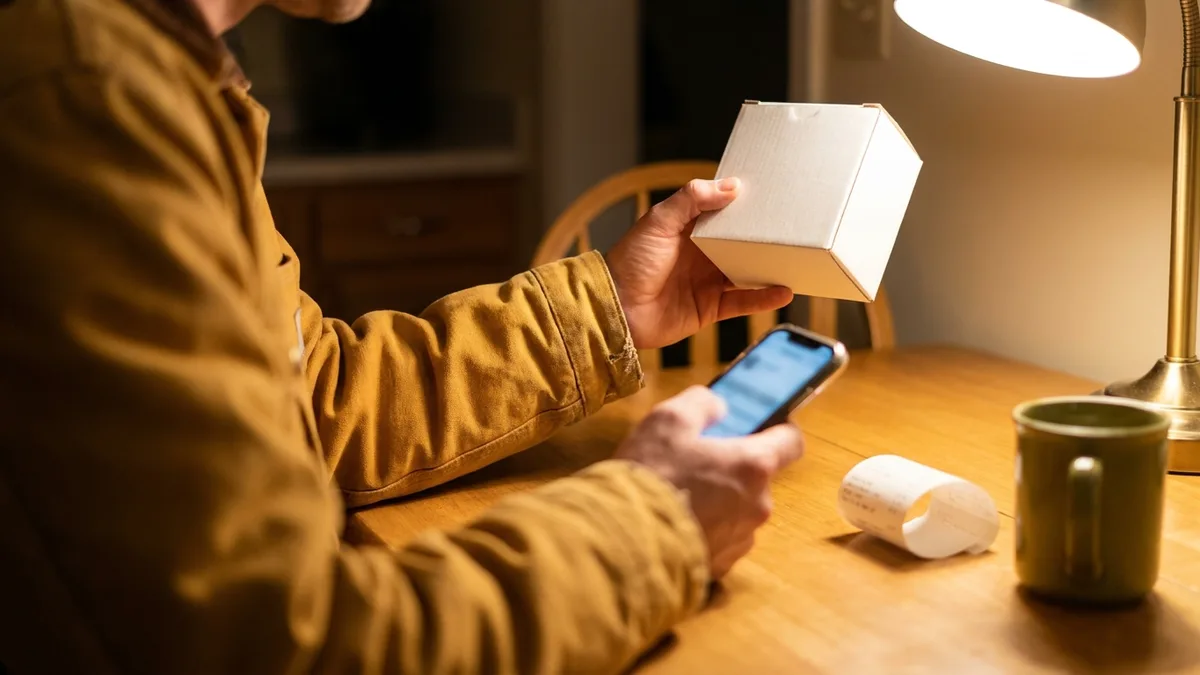Hands at a kitchen table under lamplight turning over a small unmarked cartridge box next to a crumpled receipt and a phone, text illegible and out of focus.