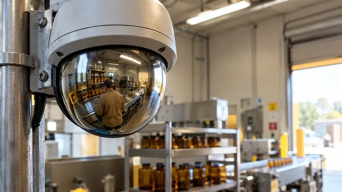 Wall-mounted security camera in a stainless-steel processing room, its lens turned squarely toward a blank painted concrete wall inches away, fluorescent light overhead.