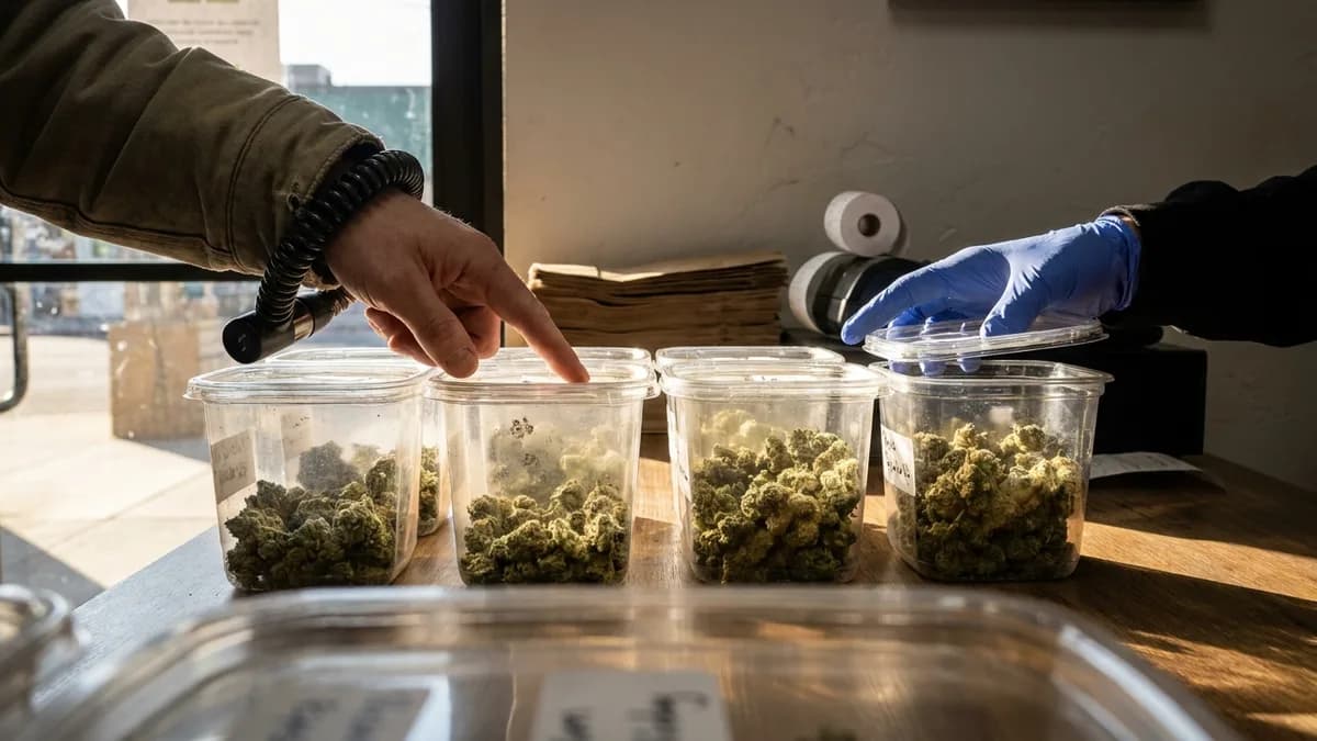 Budtender's gloved hands scooping loose cannabis flower from a bulk deli-style container into a plain unmarked paper bag at a dispensary counter, customer's hands waiting.