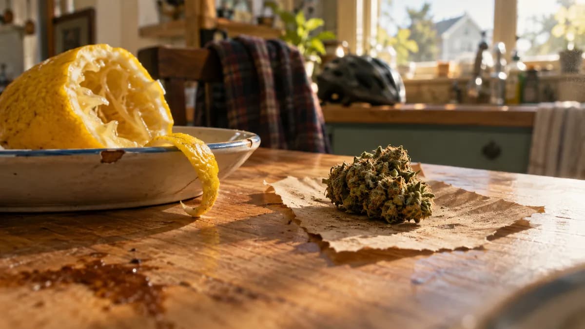 Halved lemon and orange with curls of fresh citrus peel on a dark slate board, a single loose cannabis bud placed alongside, macro depth of field.