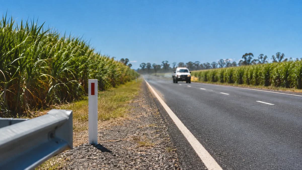 Two-lane Queensland highway running between tall sugar cane fields under a hot blue sky, single ute approaching, heat haze on bitumen.