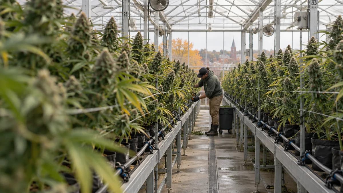 Long greenhouse rows of flowering cannabis plants under diffused light, irrigation lines running along benches, a worker's gloved hands pruning in the distance