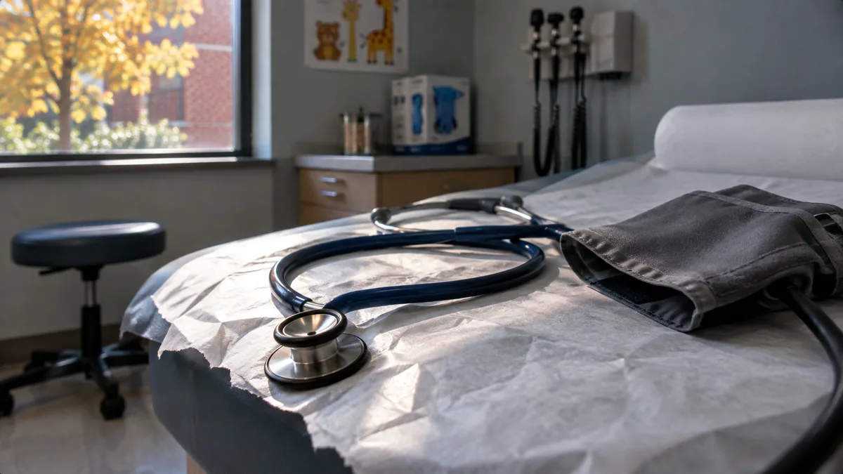 Stethoscope and blood pressure cuff resting on crinkled exam-table paper in a sunlit pediatric clinic room, soft California afternoon light