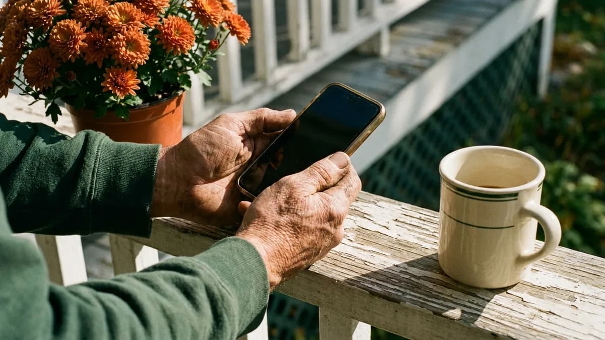 Close-up of a person's hands holding a smartphone, tapping through an online survey with multiple-choice answer bubbles, seated at a kitchen table in soft morning light.